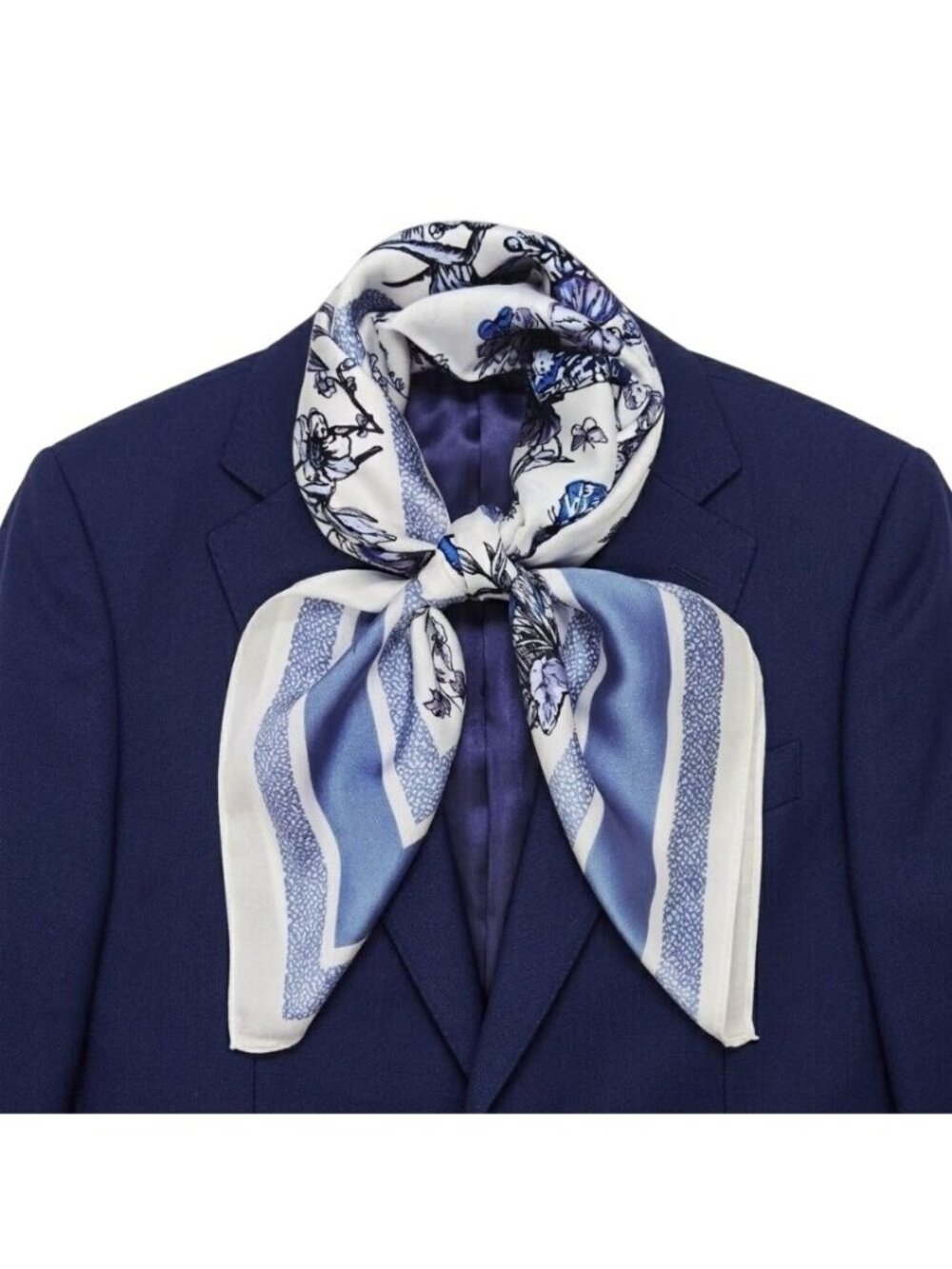 ✨Women's White & Blue Floral Silky Satin Square Scarf Butterfly Print Foulard